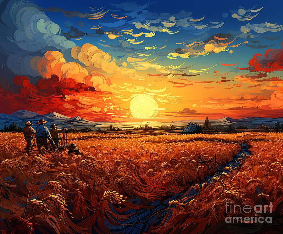 Sunset Painting - 3d women harvesting wheat in a belo field on by Asar Studios by Celestial Images