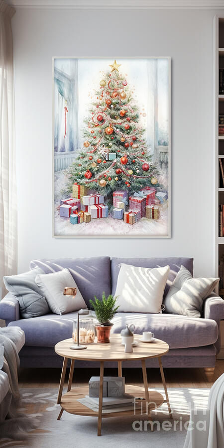 3d watercolor painting living room with christm by Asar Studios #4 Painting by Celestial Images