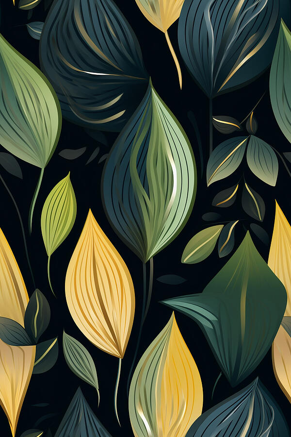 a green leaf pattern is displayed on dark backg by Asar Studios #4 Painting by Asar Studios