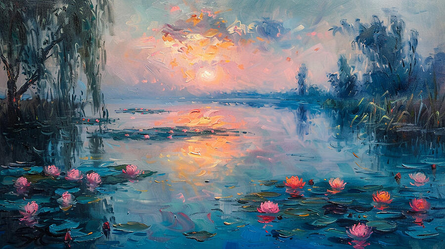 Sunset Digital Art - A serene morn ng scene by a l ly pond captur ng 2aa34ae5-dd77-4c58-8fba-84a0950f86c7 #4 by Romed Roni