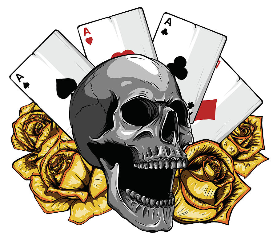 Aces Of Poker And Roses With Skull, Grunge Vintage Vector Digital Art ...