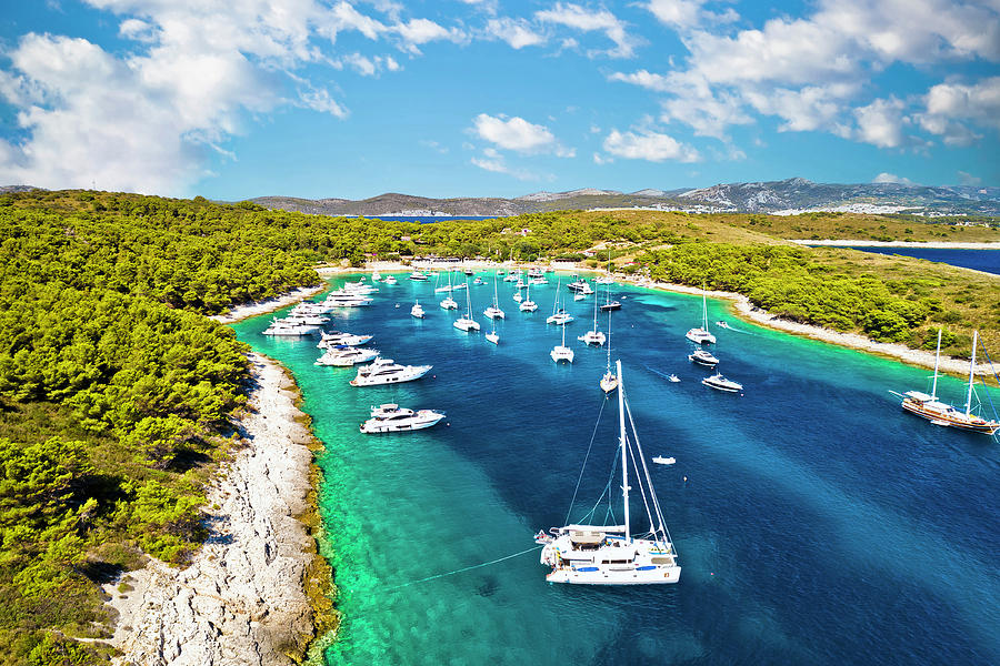 Aerial panoramic view of Palmizana, sailing cove and turquoise b ...