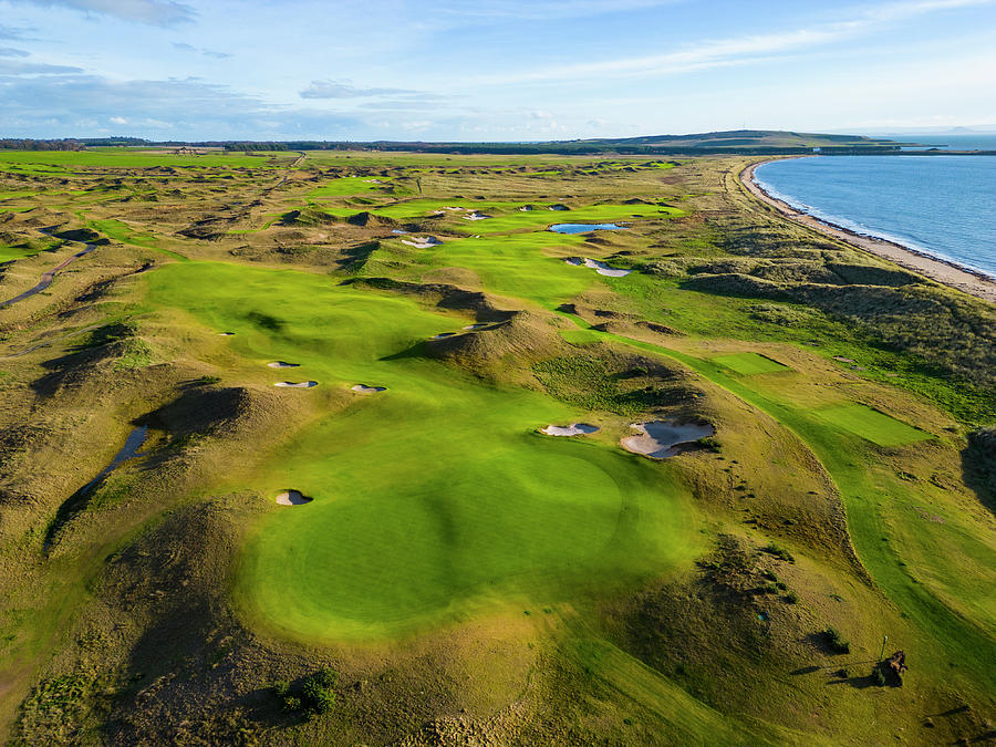 Aerial view from drone of Dumbarnie Links golf course in Fife, Scotland ...