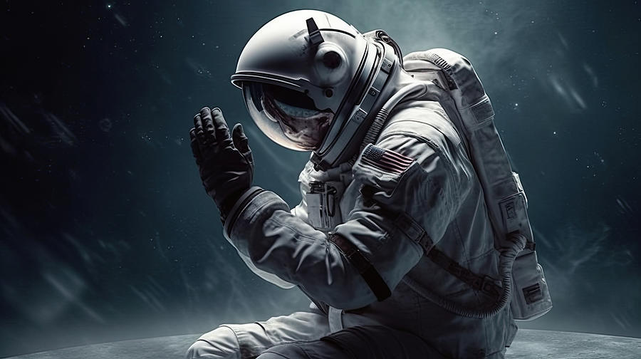 An astronaut in outer space to pray to the Lord. Cosmonaut with his ...