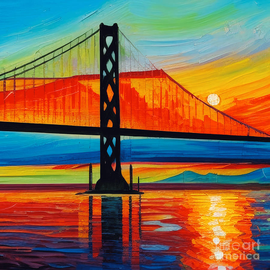 An Expressive Acrylic Painting Of San Francisco Bay Bridge, Sunset Time ...