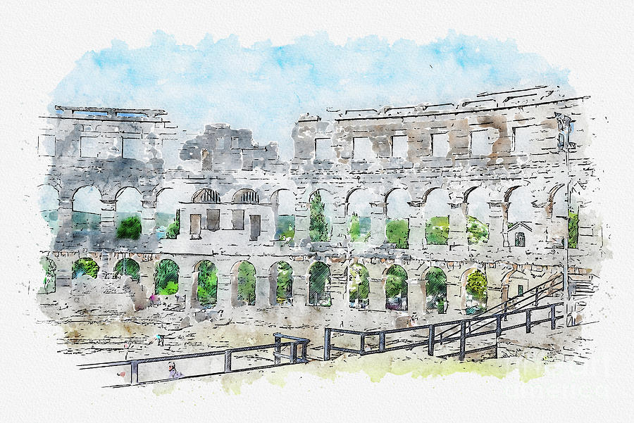 Aquarelle Sketch Art. The Pula Arena The Amphitheatre Located In Pula, Croatia Mixed Media