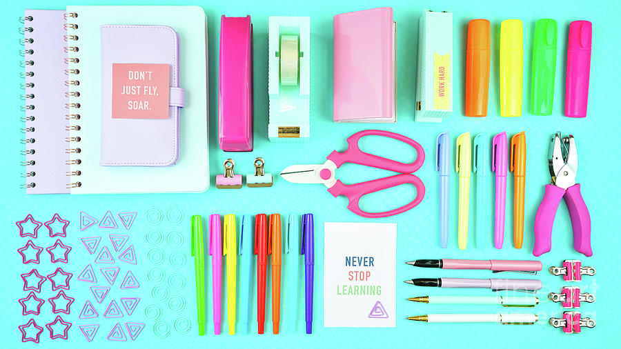 Back to school or workspace colorful stationery overhead flatlay. #4 Photograph by Milleflore Images