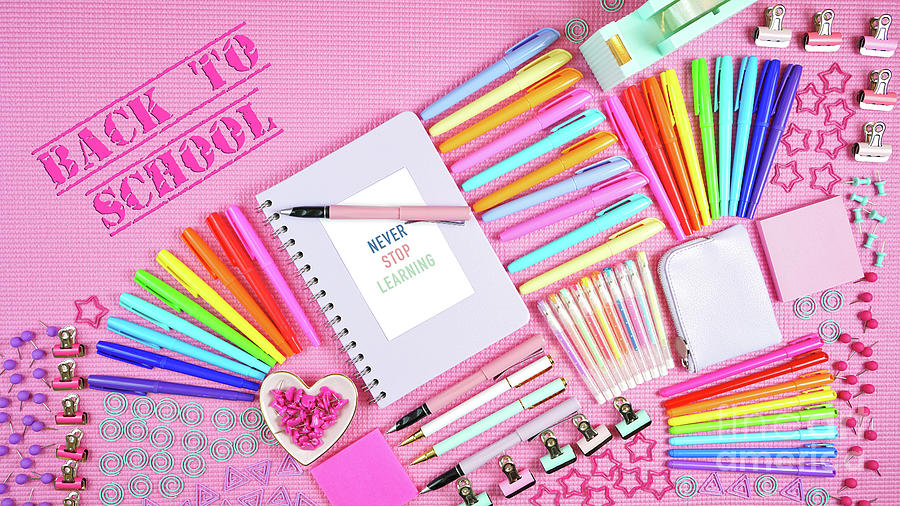 Back to school or workspace colorful stationery overhead on pink background. #4 Photograph by Milleflore Images