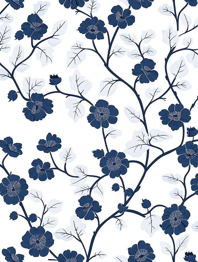 Blue Flowers Digital Art - Blue And White Floral Pattern #4 by Benameur Benyahia