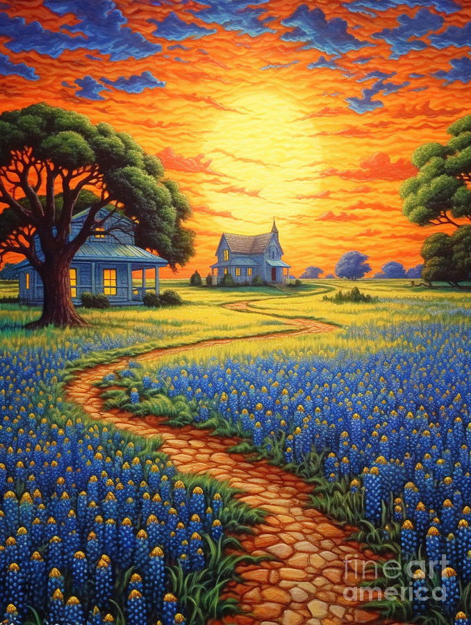 Fires to Flowers, Blue Bonnet Landscape Oil Painting