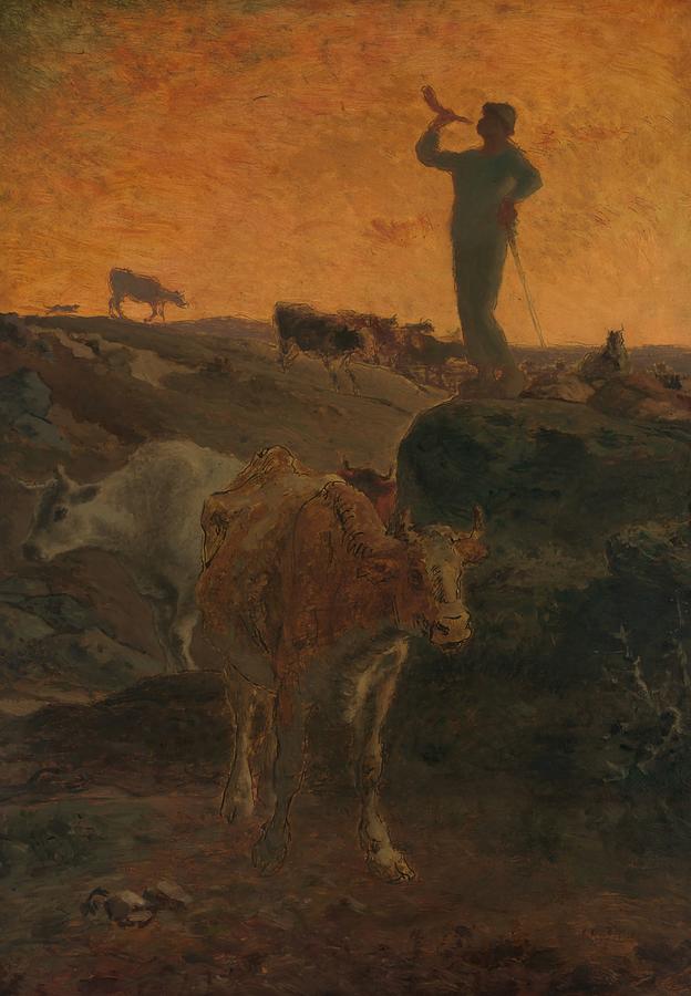 Sunset Painting - Calling the Cows Home #4 by Jean-Francois Millet
