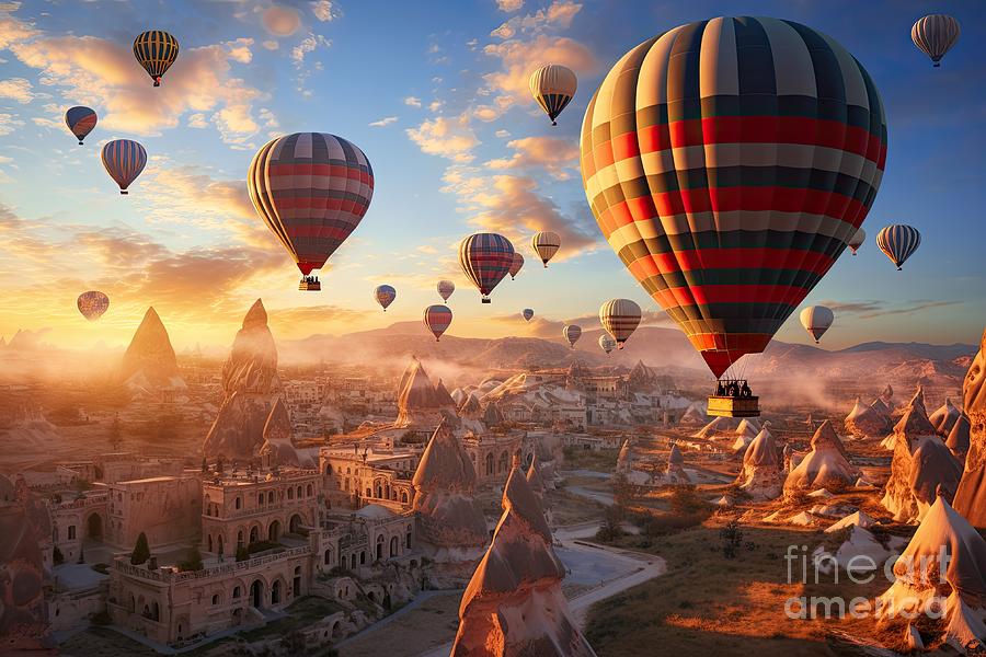 Cappadocia air balloons flying at sunset in Turkey #4 Digital Art by Benny Marty