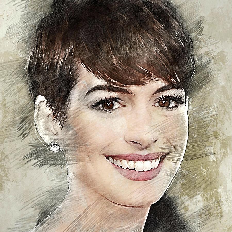 Celebrity Hathaway Anne Pencil Drawing Drawing by Bechtelar Natalia