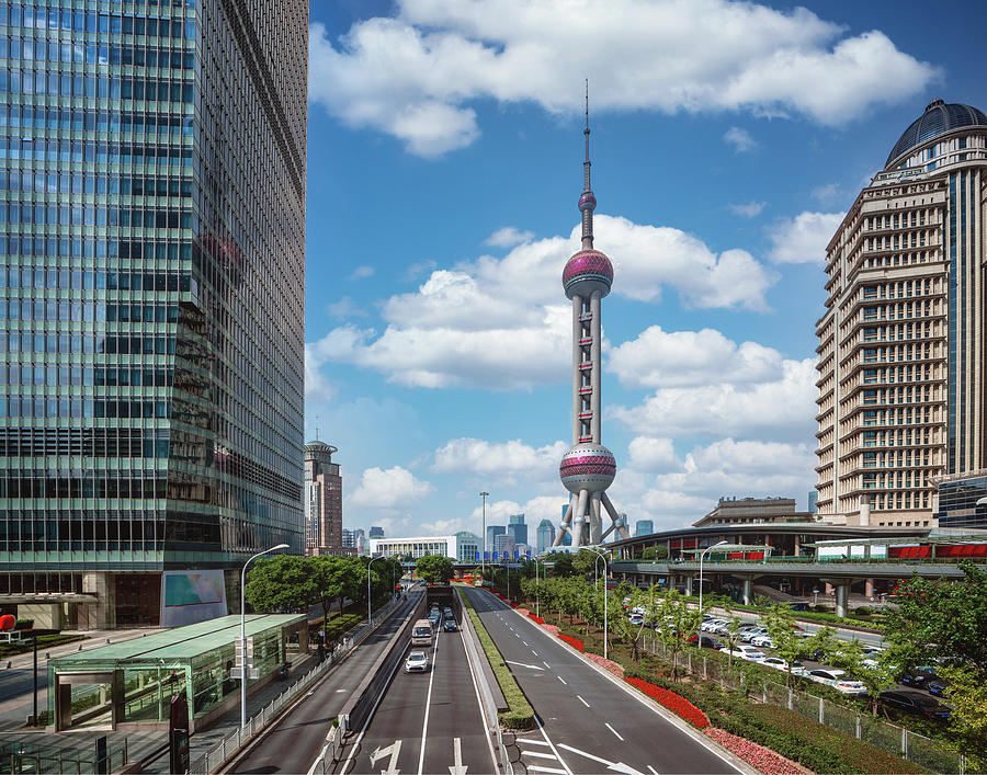 Cityscape of Shanghai city in day time with road and tower #4 Photograph by Anek Suwannaphoom