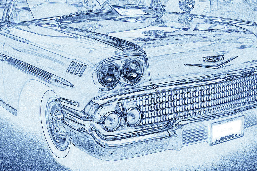 Classic car blue line art style 4 by Paul Ranky