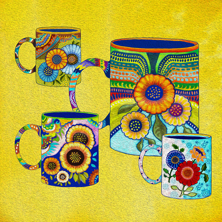 4 Coffee Mugs Mexican Style Mixed Media by Lorena Cassady