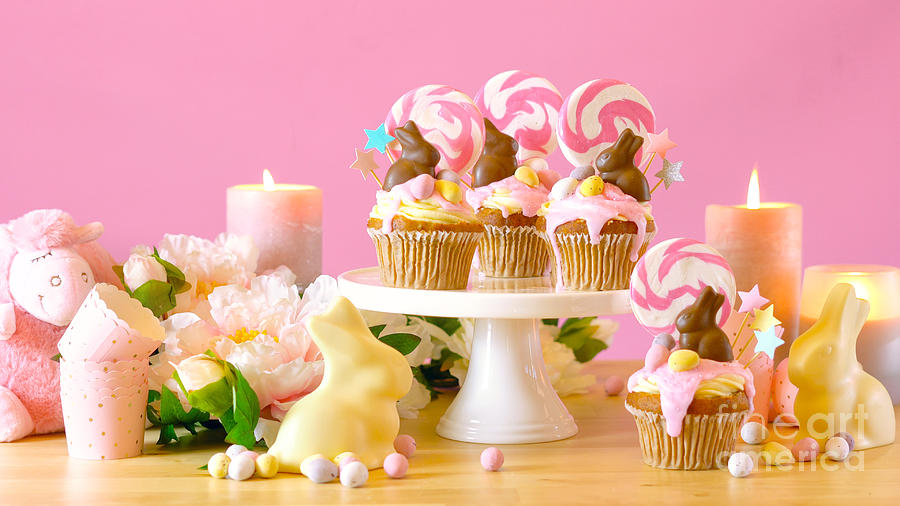 Easter Photograph - Easter theme candy land drip cupcakes in party table setting. #4 by Milleflore Images