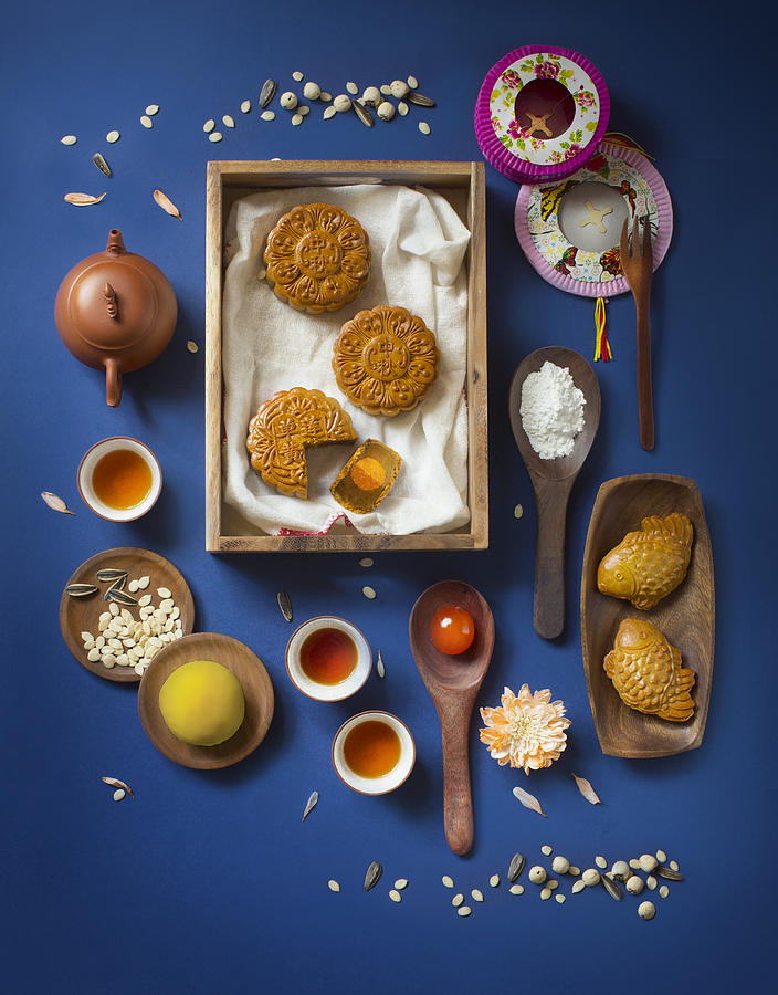 Flat lay mid autumn festival food and drink table top shot. #4 Photograph by Twomeows