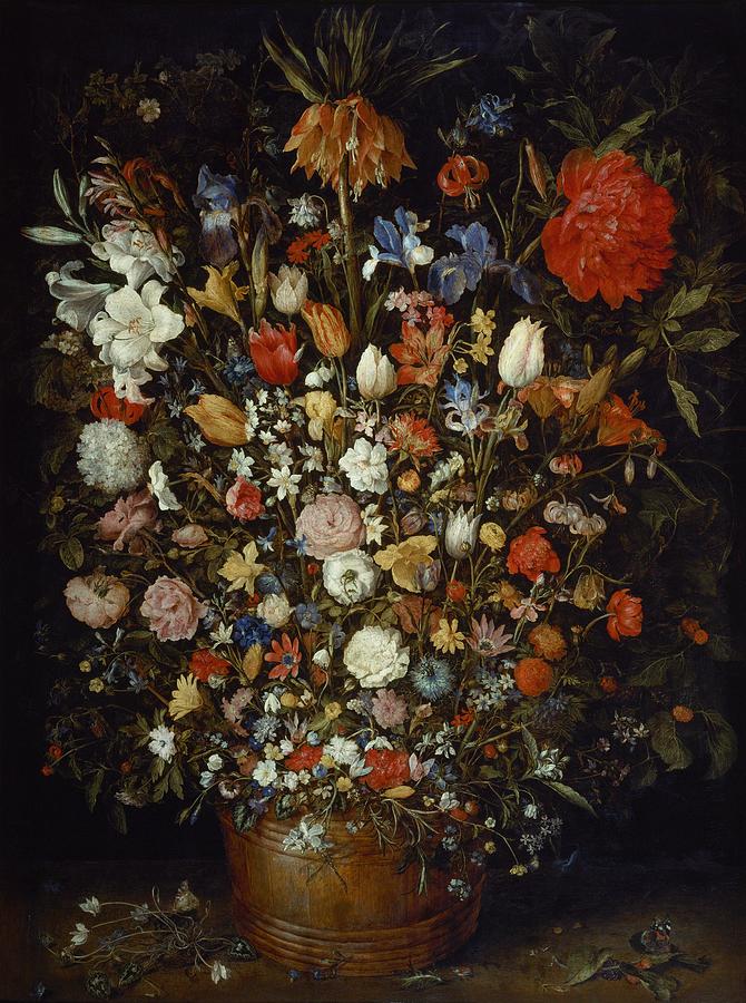 Flower Painting - Flowers in a Wooden Vessel  #4 by Jan Brueghel the Elder