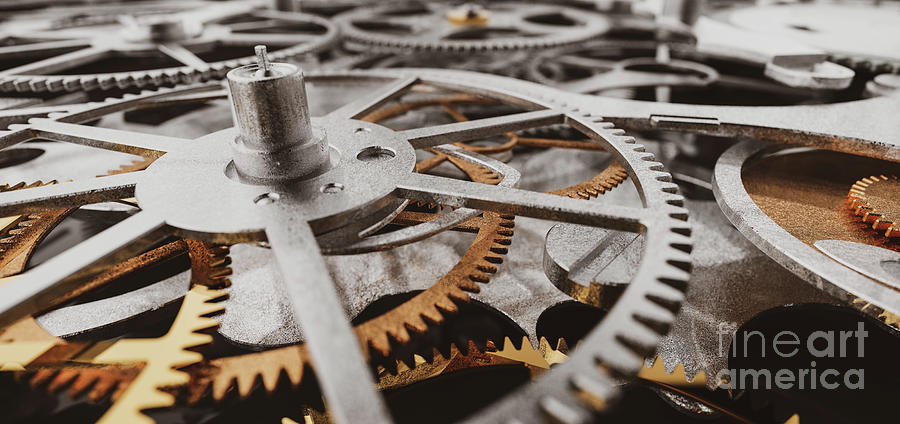 Gears And Cogs In Clockwork Watch Mechanism. Photograph
