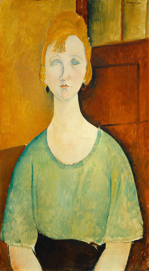 Girl in a Green Blouse- high resolution - digitally enhanced Painting by Amedeo Modigliani
