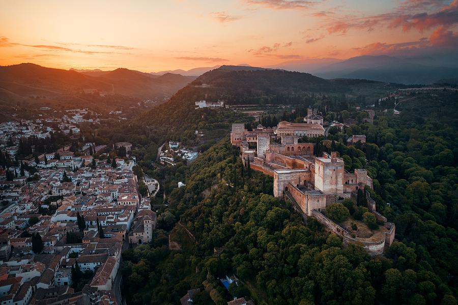 Granada Alhambra aerial view sunrise #4 Photograph by Songquan Deng