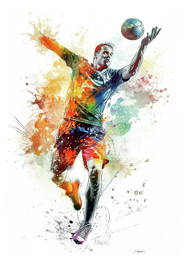 Handball in action with colorful paint splash. #4 Digital Art by Odon Czintos