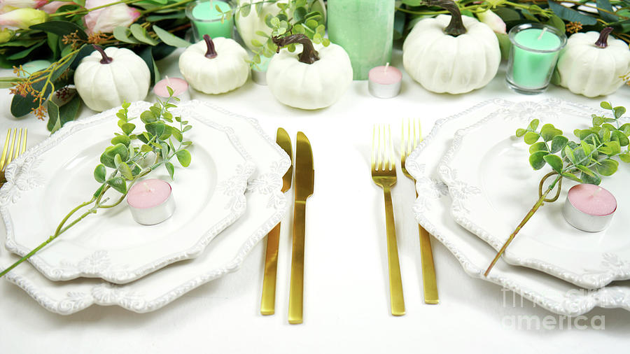 Happy Thanksgiving table setting with modern white pumpkins centerpiece. #4 Photograph by Milleflore Images