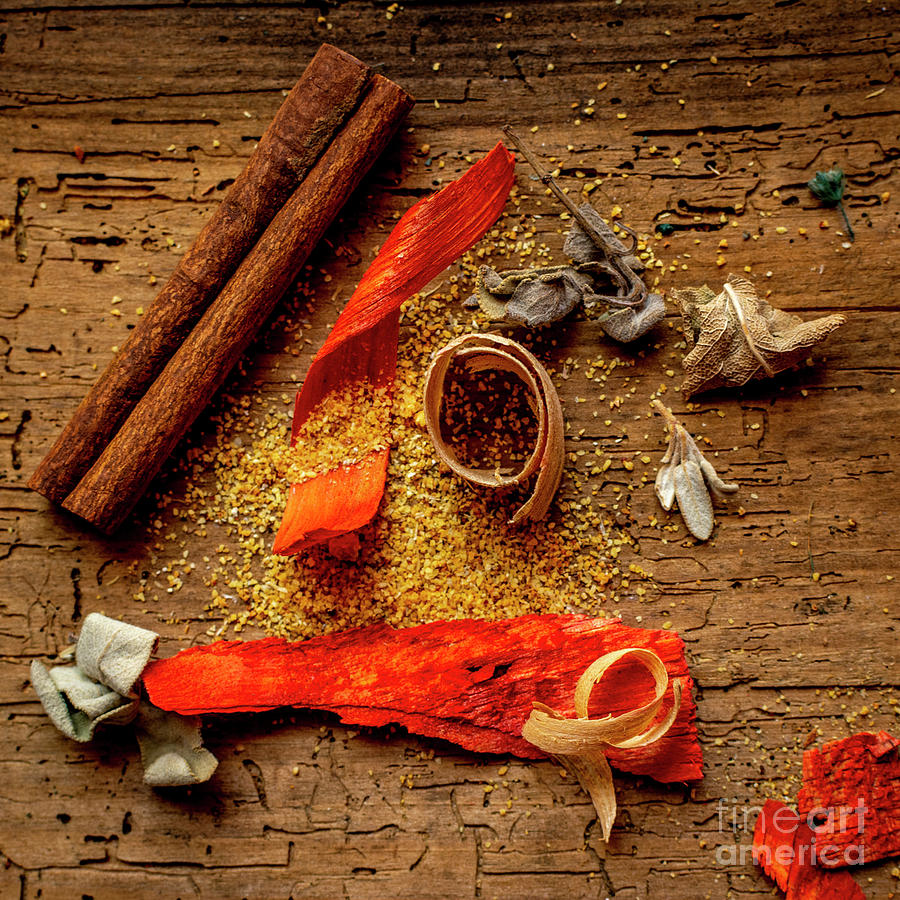 Christmas Photograph - High angle shot of spicy ingredients on a wooden table background #4 by Bernard Jaubert