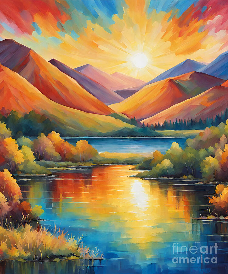 Sunset Painting - Hills and Lake painting #4 by Naveen Sharma