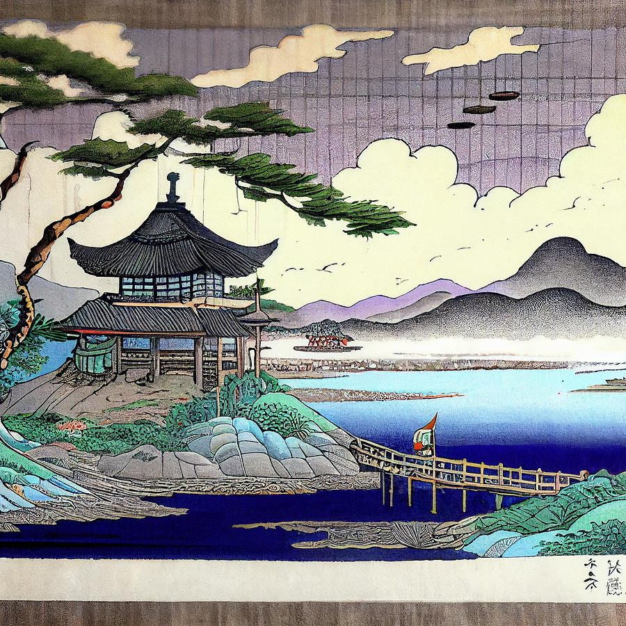 Fantasy Digital Art - Japanese  Landcape    intricate  zen  art  Ukiyo  e  ja  by Asar Studios #4 by Celestial Images