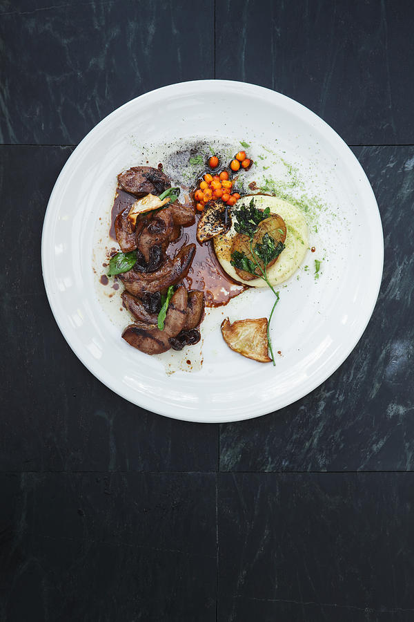 Lamb tongue with potato, mushrooms and sea buckthorn #4 Photograph by Eugene Mymrin