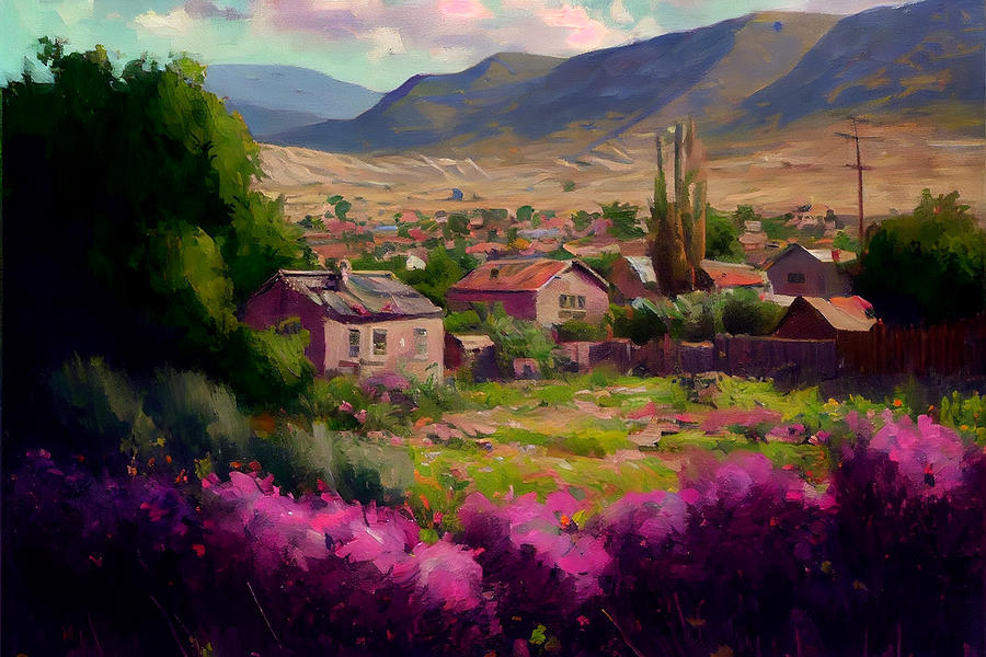 landscape  valley  village  beautiful  day  oil  pain by Asar Studios Digital Art