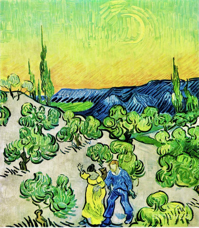 Landscape With Couple Walking And Crescent Moon By Vincent Van Gogh Painting