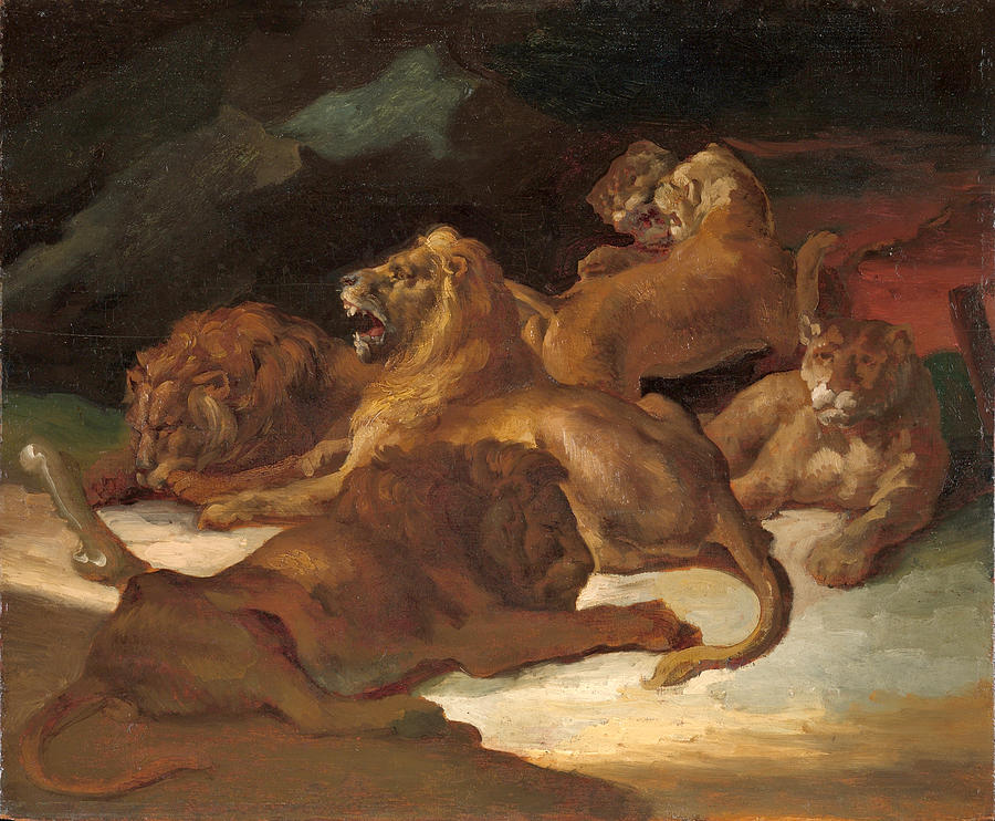 Lions in a Mountainous Landscape #5 Painting by Theodore Gericault