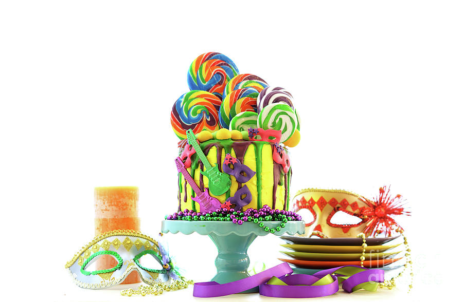 Mardi Gras theme on-trend candyland fantasy drip cake. #4 Photograph by Milleflore Images
