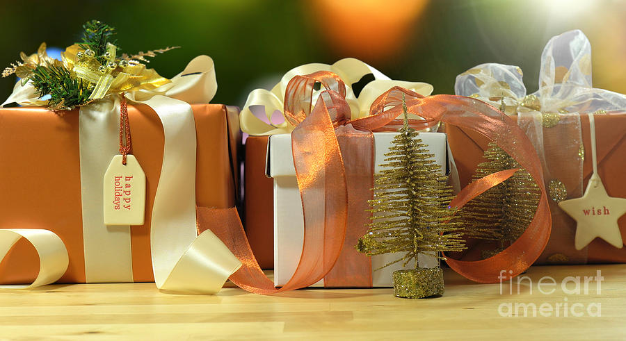 Modern gold, copper and white wrapped Christmas gift #4 Photograph by Milleflore Images
