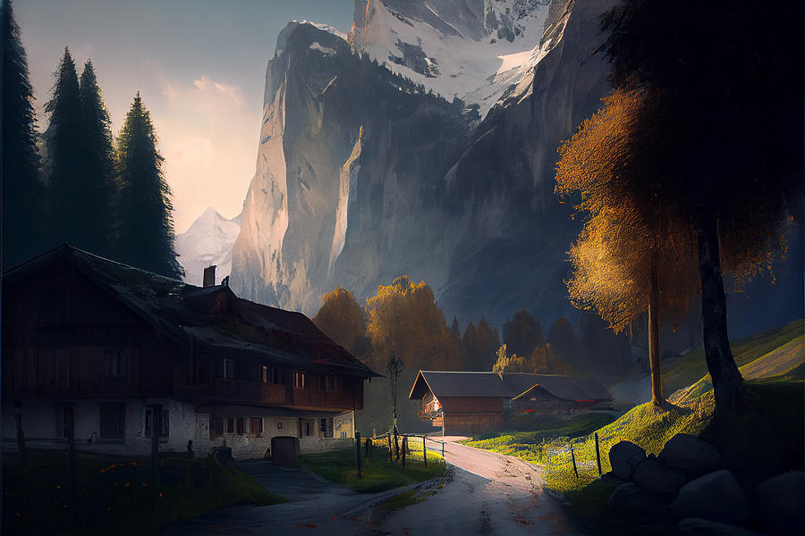 Fantasy Digital Art - Morning  Light  for  Lauterbrunnen  Switzerland  by Asar Studios #4 by Celestial Images