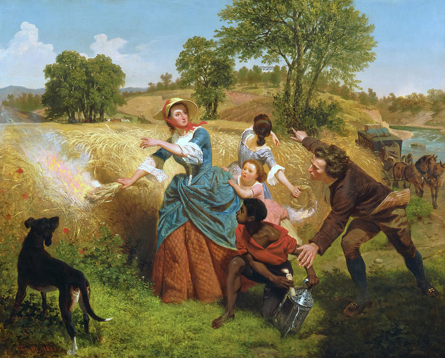 Vintage Painting - Mrs. Schuyler Burning Her Wheat Fields on the Approach of the British by Emanuel Gottlieb Leutze  by Mango Art