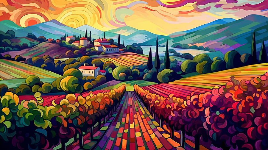 Fantasy Painting - Neo      impressionism  pop  art  deco  vineyard  Italy  by Asar Studios #4 by Celestial Images