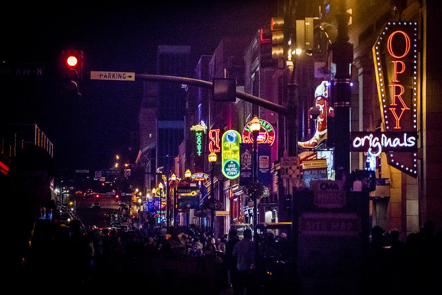 Neon signs on Lower Broadway (Nashville) at Night #4 Photograph by © Nina Dietzel