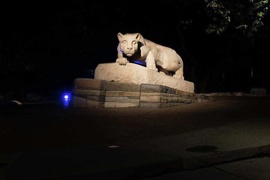 Nittany Lion Shrine at night at Penn State University in black and white #4 Photograph by Eldon McGraw