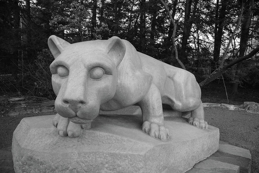 Nittany Lion Shrine at Penn State University in black and white #4 Photograph by Eldon McGraw