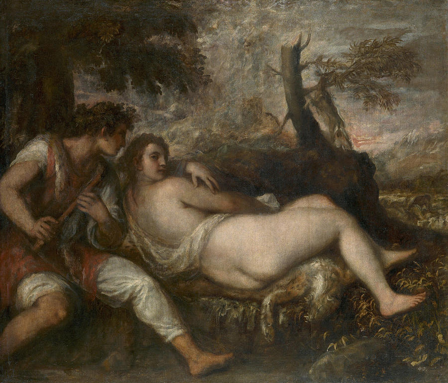 Titian Painting - Nymph and Shepherd  #4 by Titian