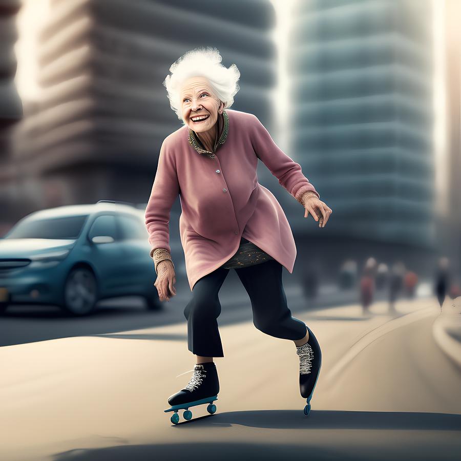 Old Lady Skating on Road, Generative AI Illustration Digital Art by ...