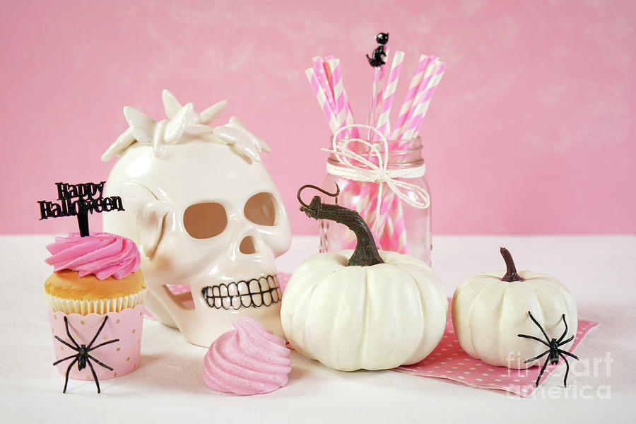 On trend pink Halloween party table with cupcakes #4 Photograph by Milleflore Images
