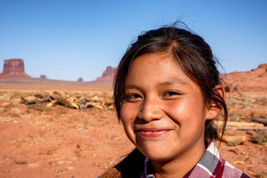 Outdoor Portrait of a beautiful Navajo Native American Indian Girl in the Northern Arizona Desert on the Monument Valley Indian Reservation #4 Photograph by Grandriver