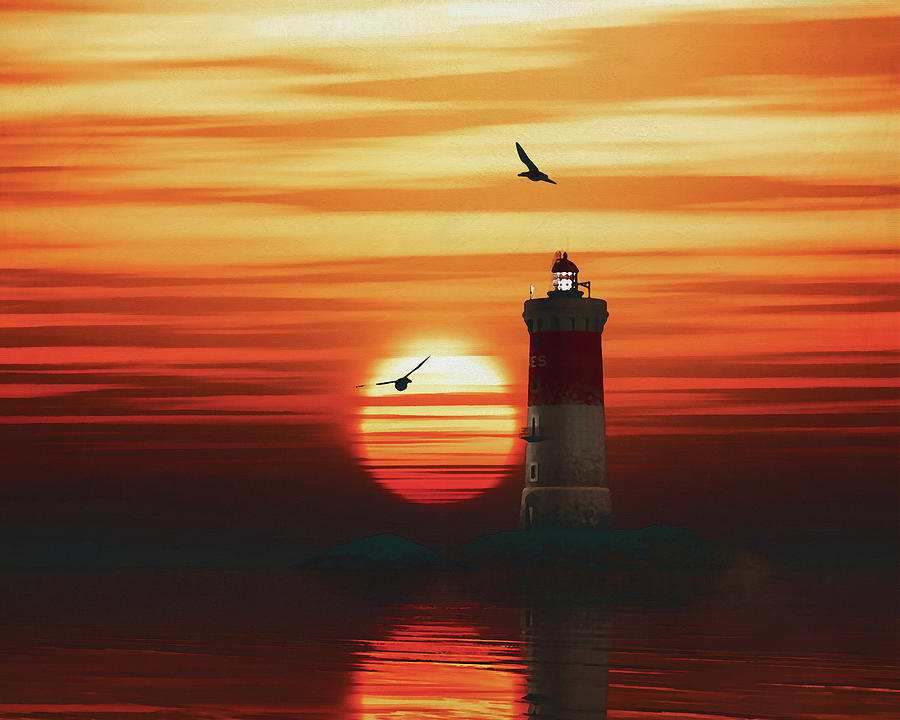 Pierres Noires Lighthouse with a sunset #4 Painting by Jan Keteleer
