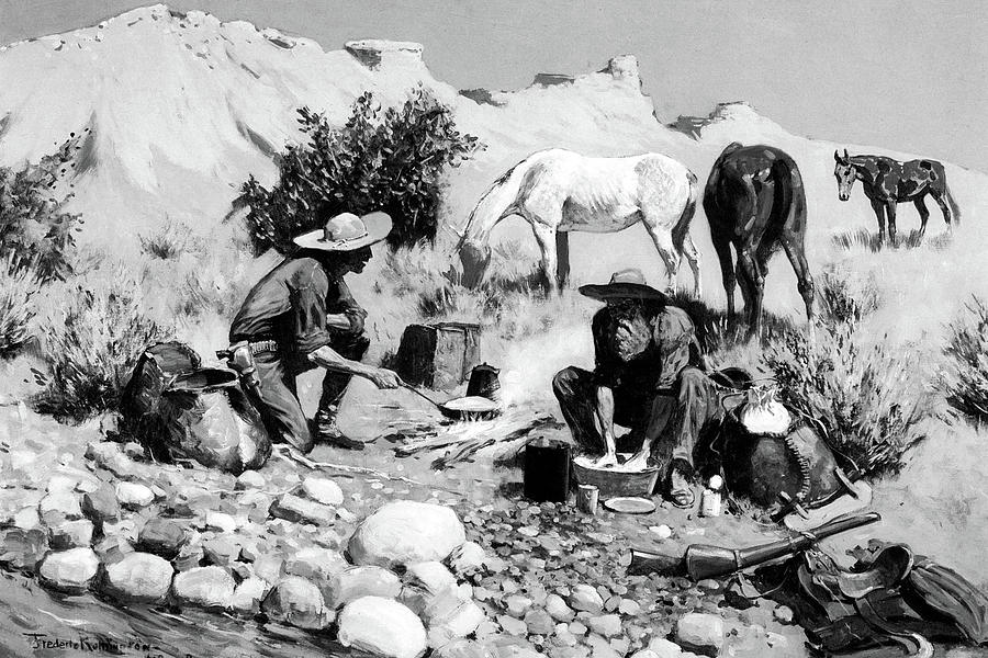 Frederic Remington Drawing - Prospectors Making Frying-Pan Bread #4 by Frederic Remington