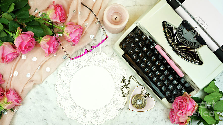 Romantic vintage writing scene with old typewriter overhead on marble table. #4 Photograph by Milleflore Images